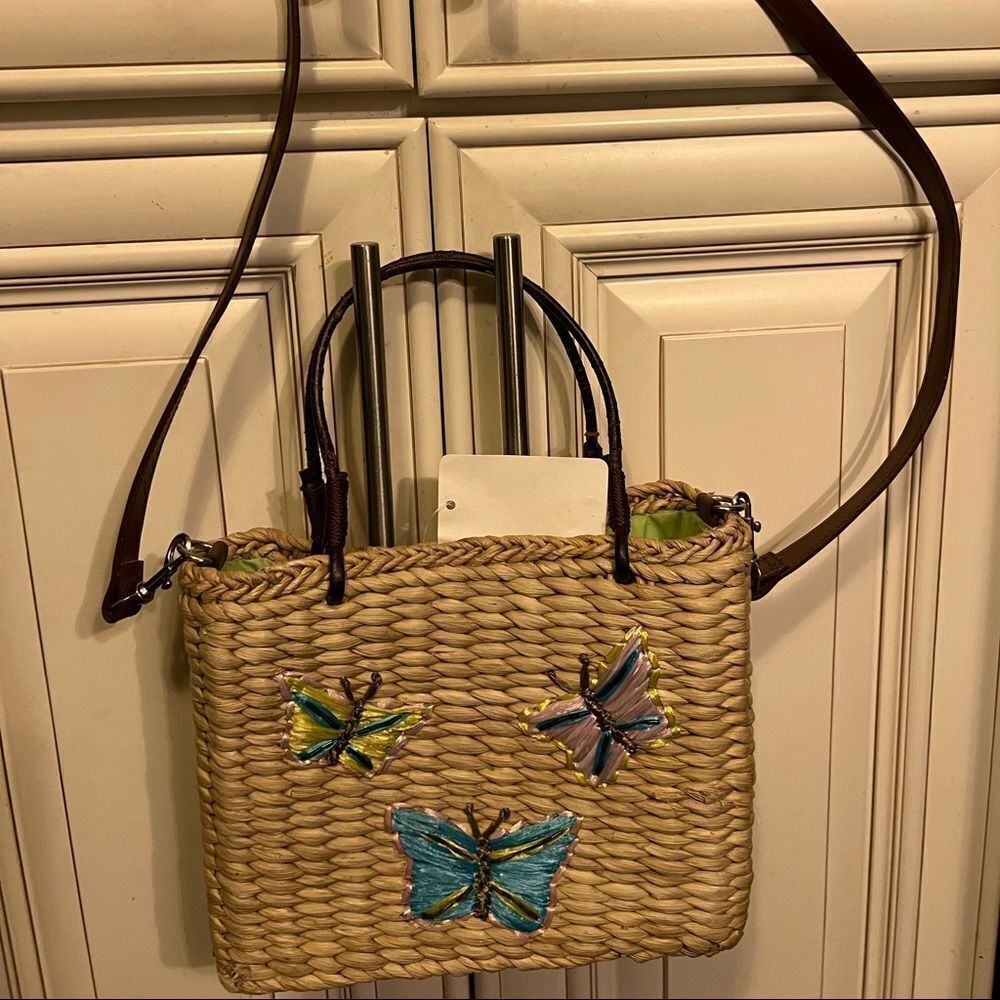 Sonoma Vintage Butterflies Straw Wicker Woven Handbag/Shoulder Purse Bag | Tan